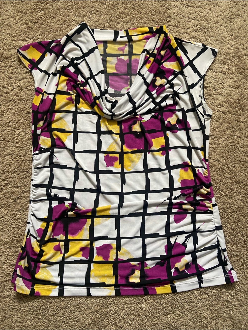 White Grid Top with Black, Purple & Yellow Floral Print